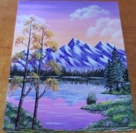 Lorna, Mountains and lake, acrylic.